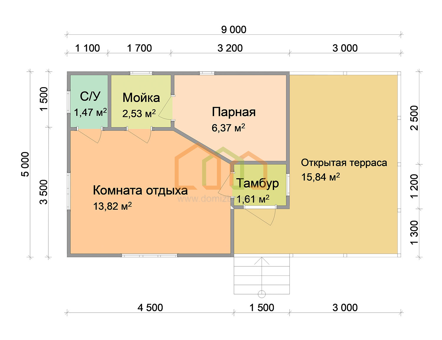 Каркасная баня одноэтажная 9x5, площадь: 45 м² с террасой цена под ключ в  Химках 1049000