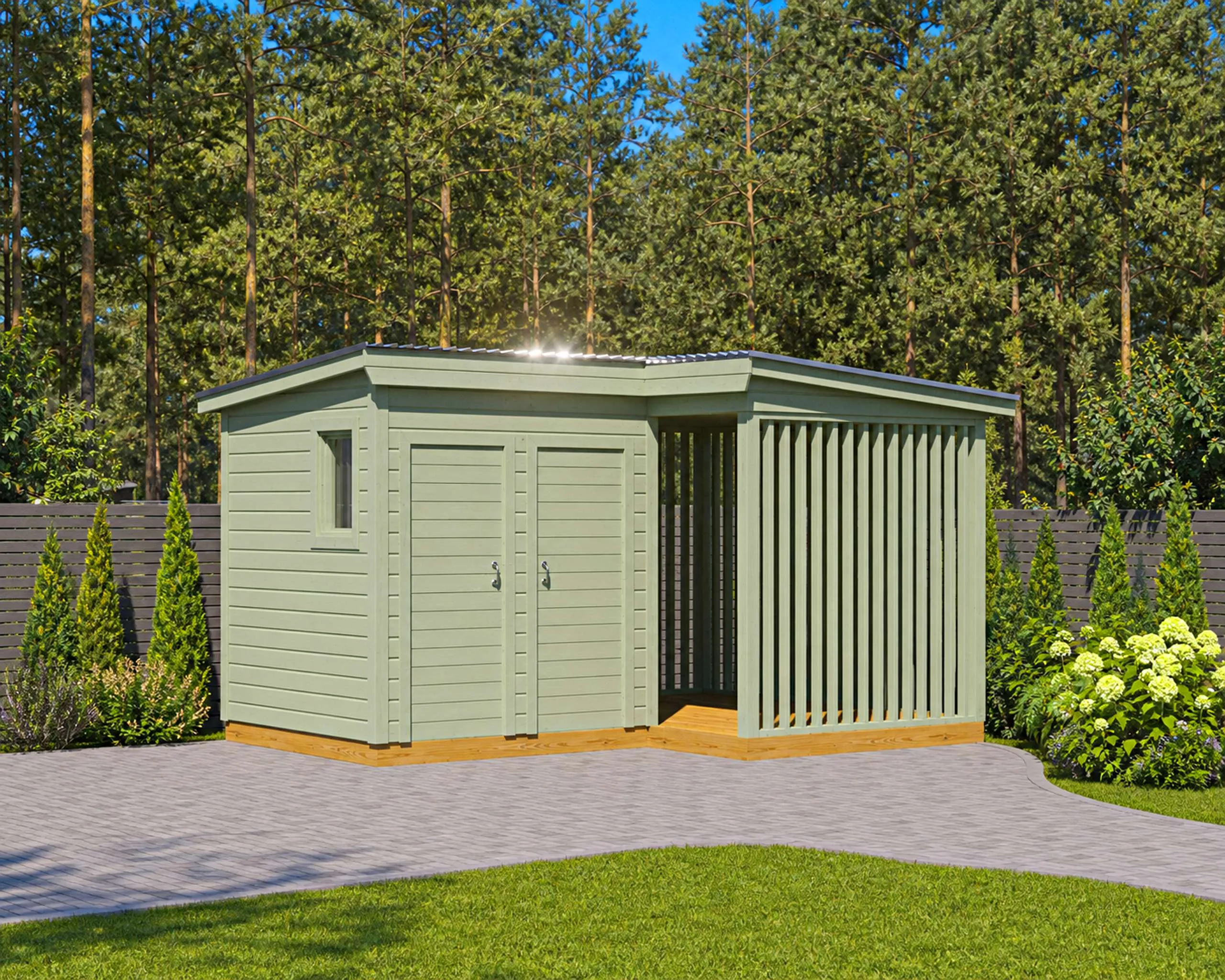 Угловой хозблок с туалетом, душем и дровником